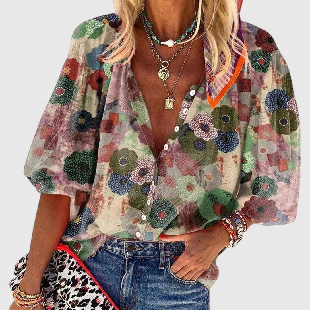 Women's Relaxed-Fit Floral Print V-Neck Button-Down Blouse - Groen