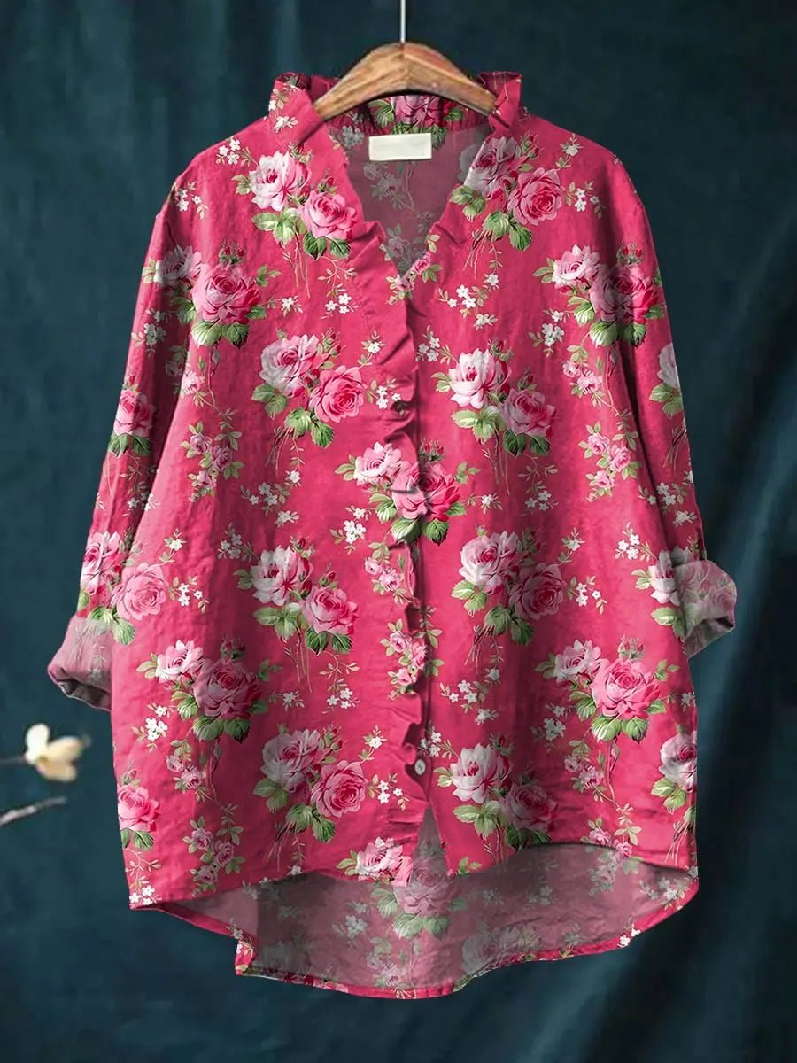 Women's Relaxed-Fit Floral Ruffle-Trim Long-Sleeve Blouse
