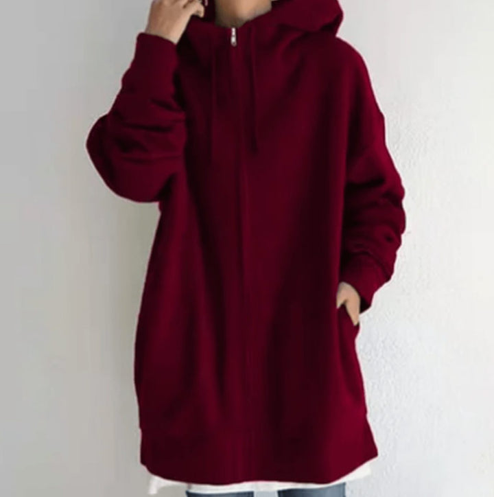 Women's Relaxed-Fit Full-Zip Hooded Sweatshirt Long Hoodie - Wine