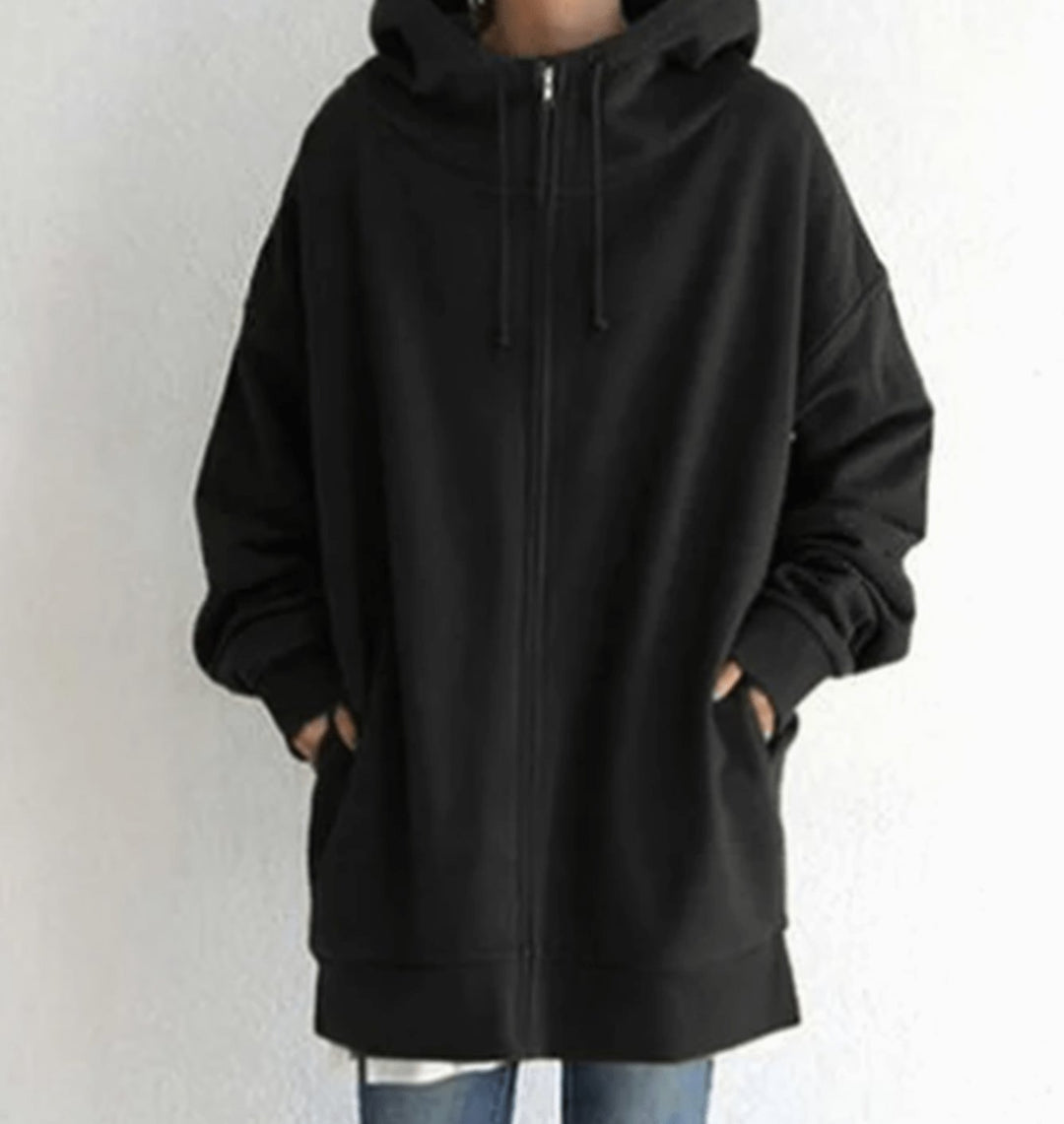 Women's Relaxed-Fit Full-Zip Hooded Sweatshirt Long Hoodie - Black