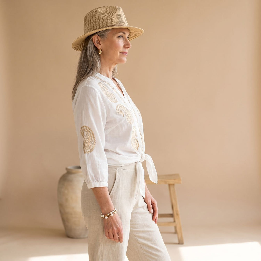 Women's Relaxed-Fit Gold Embroidered Lightweight Blouse - Soft White
