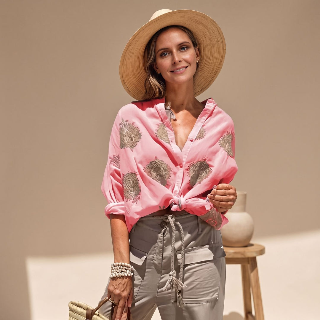 Women's Relaxed-Fit Gold Embroidered Lightweight Blouse - Scarlet Red
