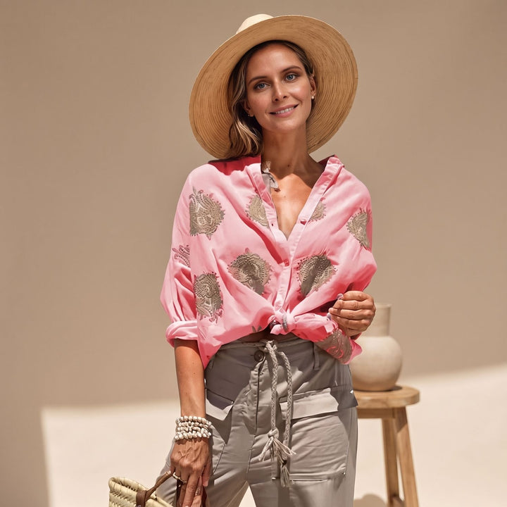 Women's Relaxed-Fit Gold Embroidered Lightweight Blouse - Scarlet Red