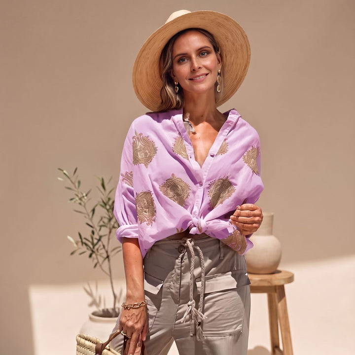 Women's Relaxed-Fit Gold Embroidered Lightweight Blouse - Coral Pink