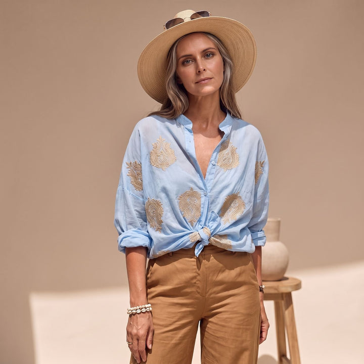 Women's Relaxed-Fit Gold Embroidered Lightweight Blouse - Ocean Blue