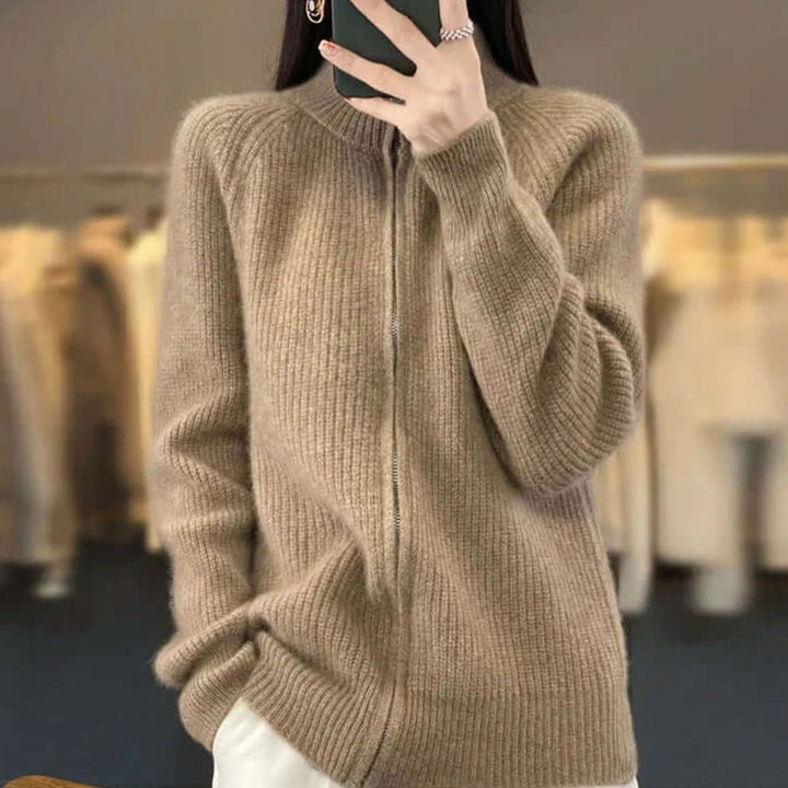 Women's Relaxed-Fit Half-Zip Ribbed Knit Sweater - Brown