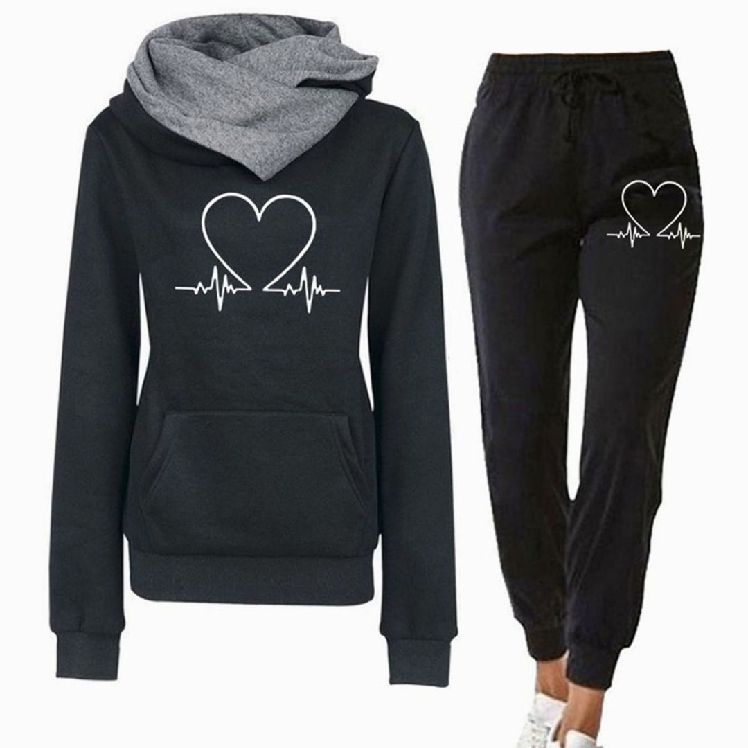 Women's Relaxed-Fit Heartbeat Graphic Hoodie Two-Piece Tracksuit - Black
