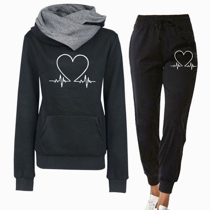 Women's Relaxed-Fit Heartbeat Graphic Hoodie Two-Piece Tracksuit - Black