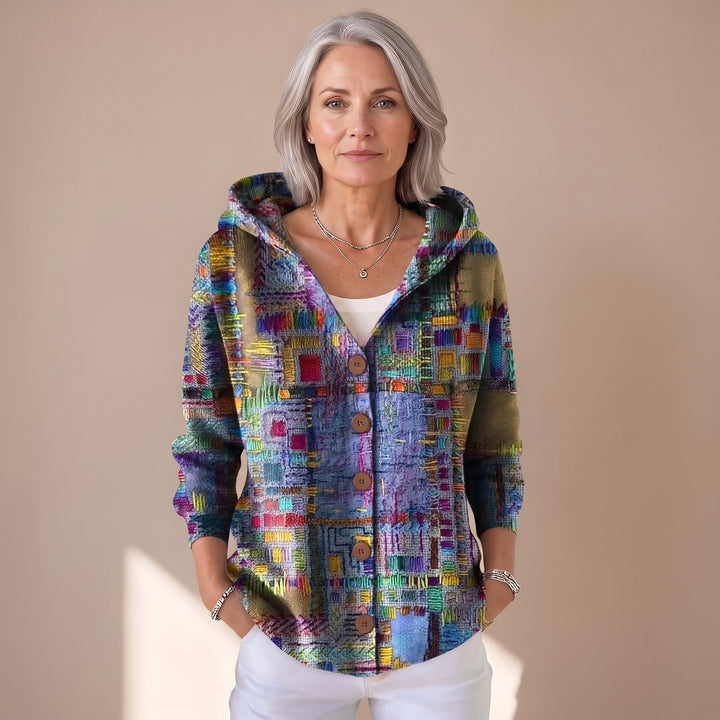 Women's Relaxed-Fit Hooded Button-Front Artistic Print Cardigan - Purple
