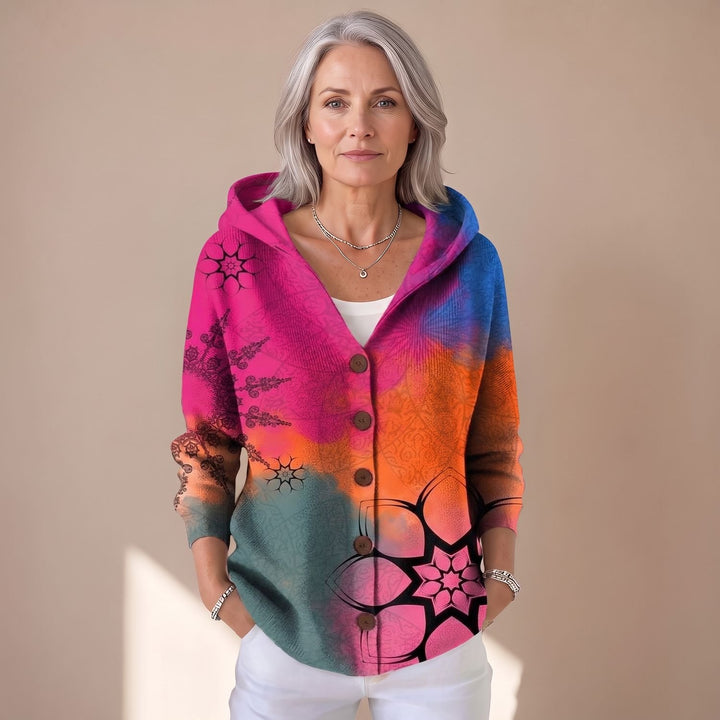 Women's Relaxed-Fit Hooded Button-Front Artistic Print Cardigan - Fuchsia