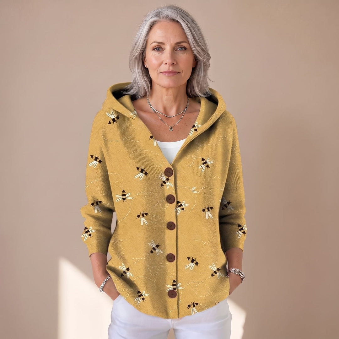 Women's Relaxed-Fit Hooded Button-Front Artistic Print Cardigan - Yellow