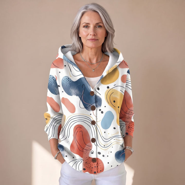 Women's Relaxed-Fit Hooded Button-Front Artistic Print Cardigan - Beige