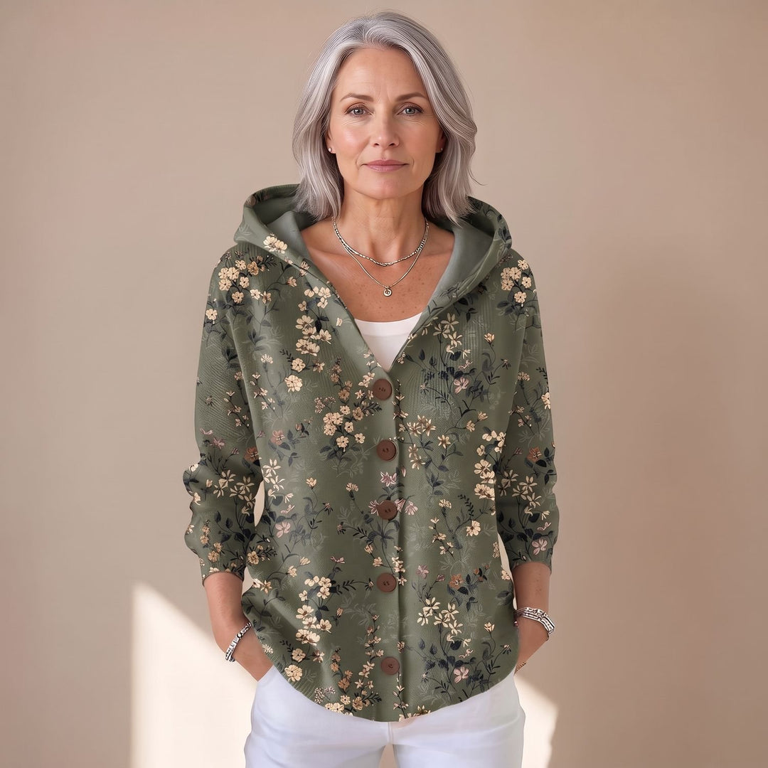 Women's Relaxed-Fit Hooded Button-Front Artistic Print Cardigan - Dark Green