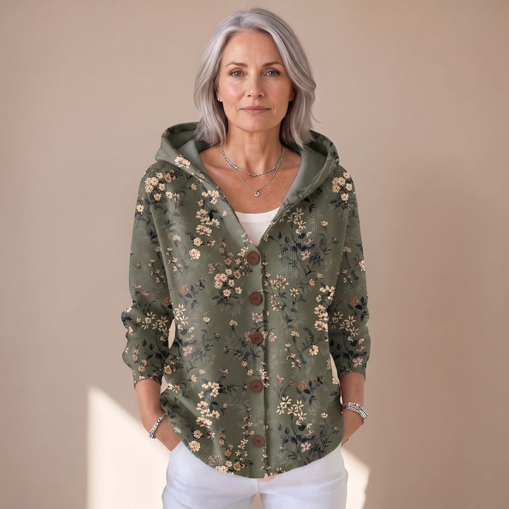 Women's Relaxed-Fit Hooded Button-Front Artistic Print Cardigan - Dark Green