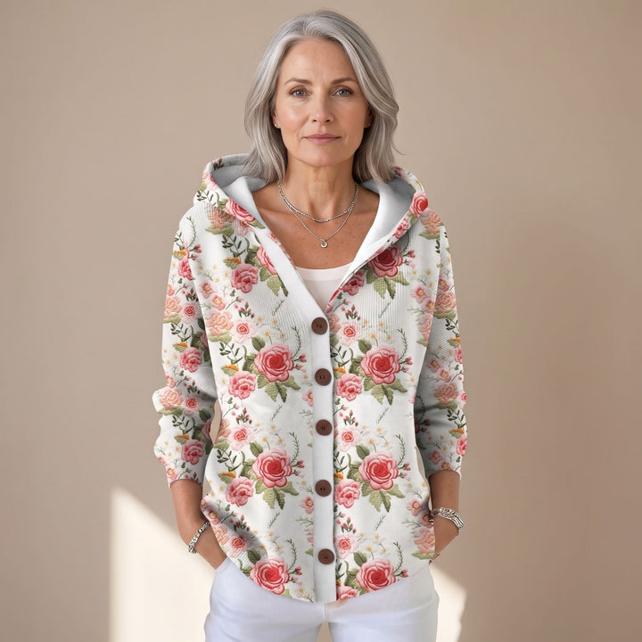 Women's Relaxed-Fit Hooded Button-Front Artistic Print Cardigan - Pink