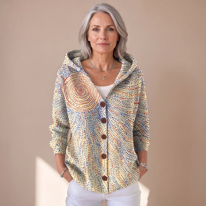 Women's Relaxed-Fit Hooded Button-Front Artistic Print Cardigan - Light Yellow