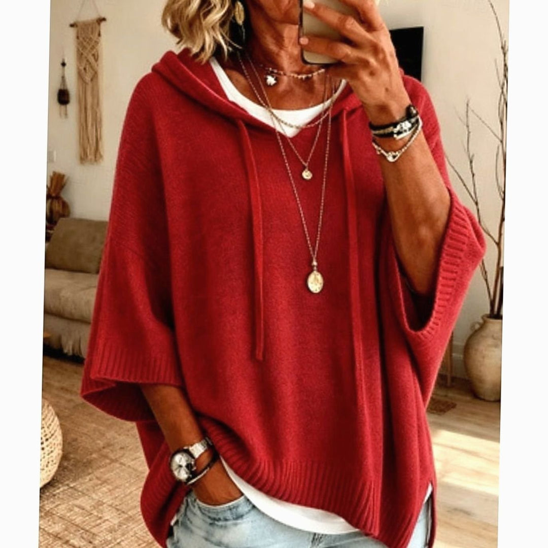 Women's Relaxed-Fit Hooded Drawstring Knit Sweater - Red