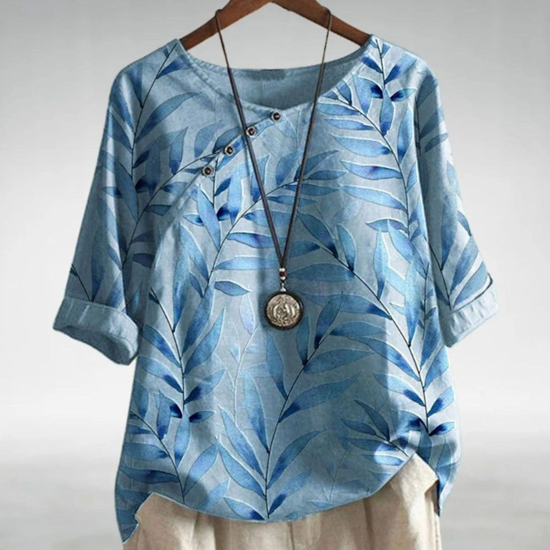 Women's Relaxed-Fit Leaf Print Short-Sleeve Button Blouse - Blue