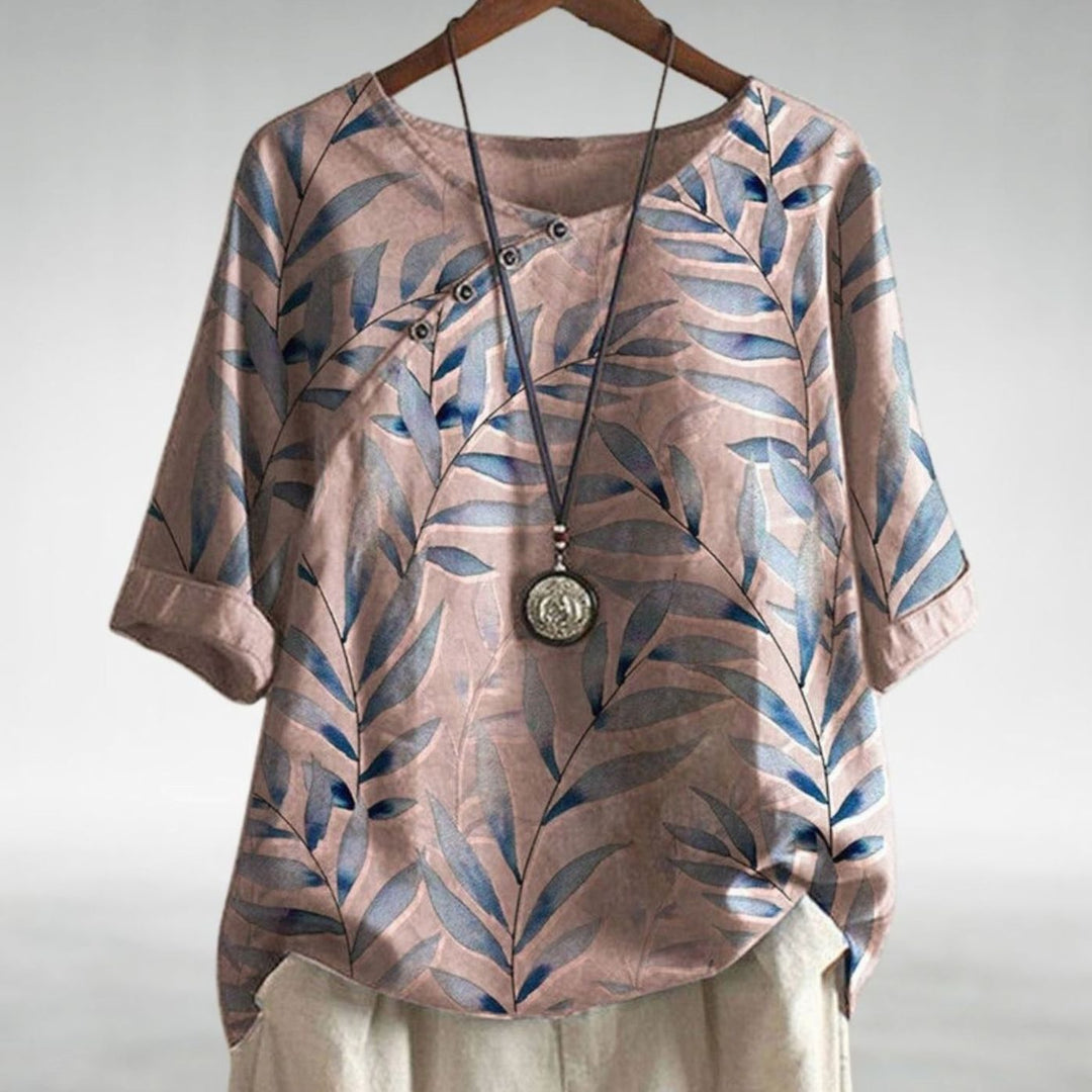 Women's Relaxed-Fit Leaf Print Short-Sleeve Button Blouse - Pink
