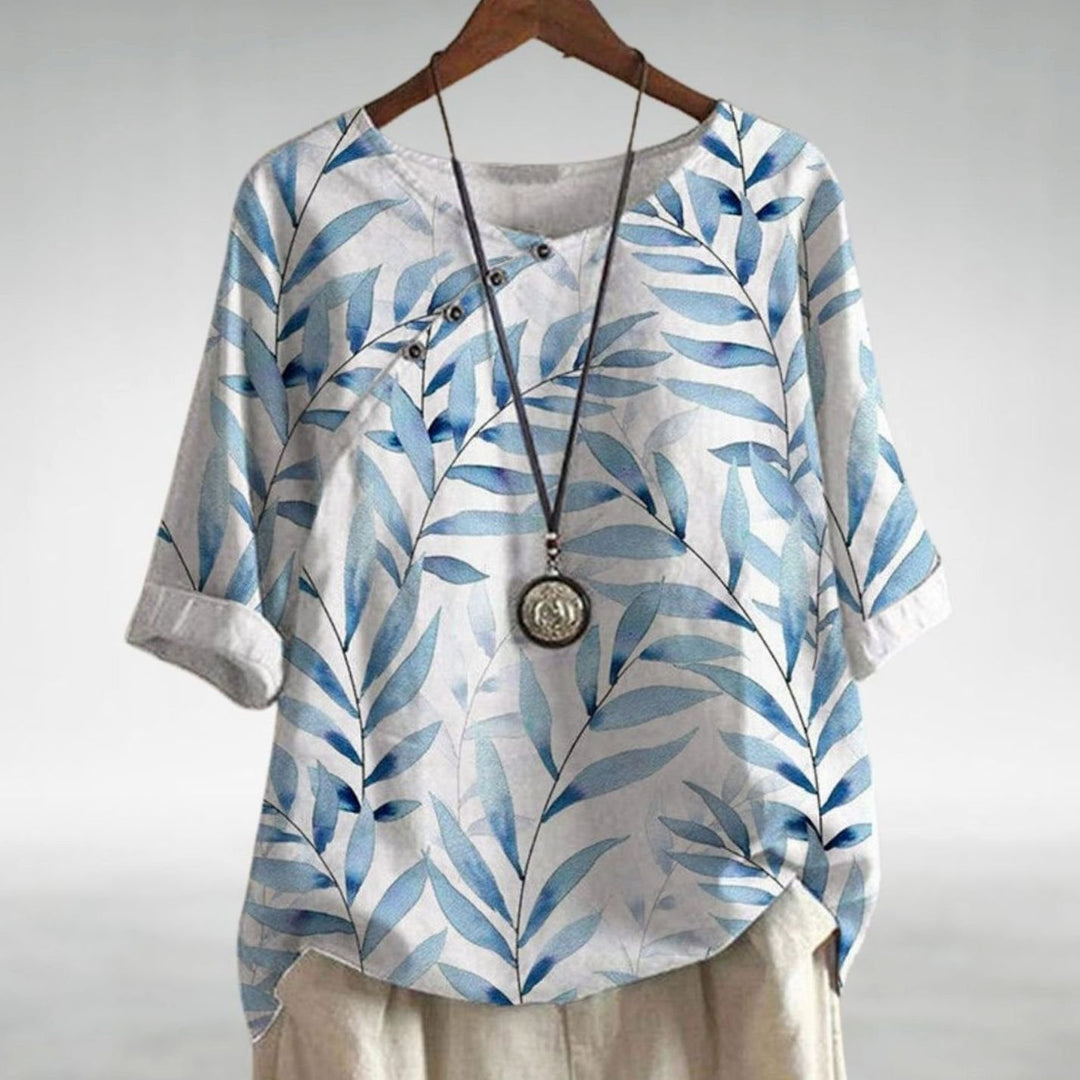 Women's Relaxed-Fit Leaf Print Short-Sleeve Button Blouse - White
