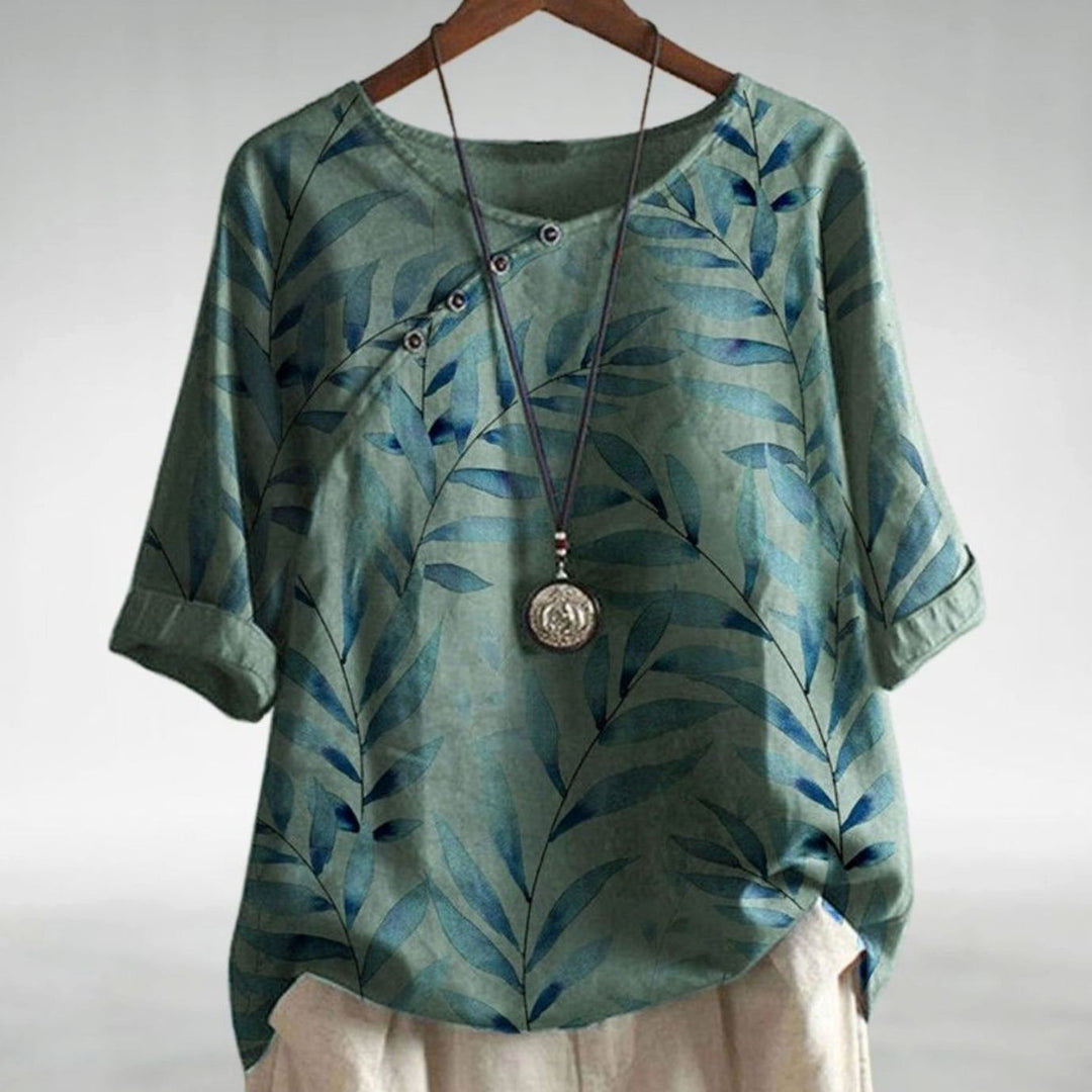 Women's Relaxed-Fit Leaf Print Short-Sleeve Button Blouse - Green