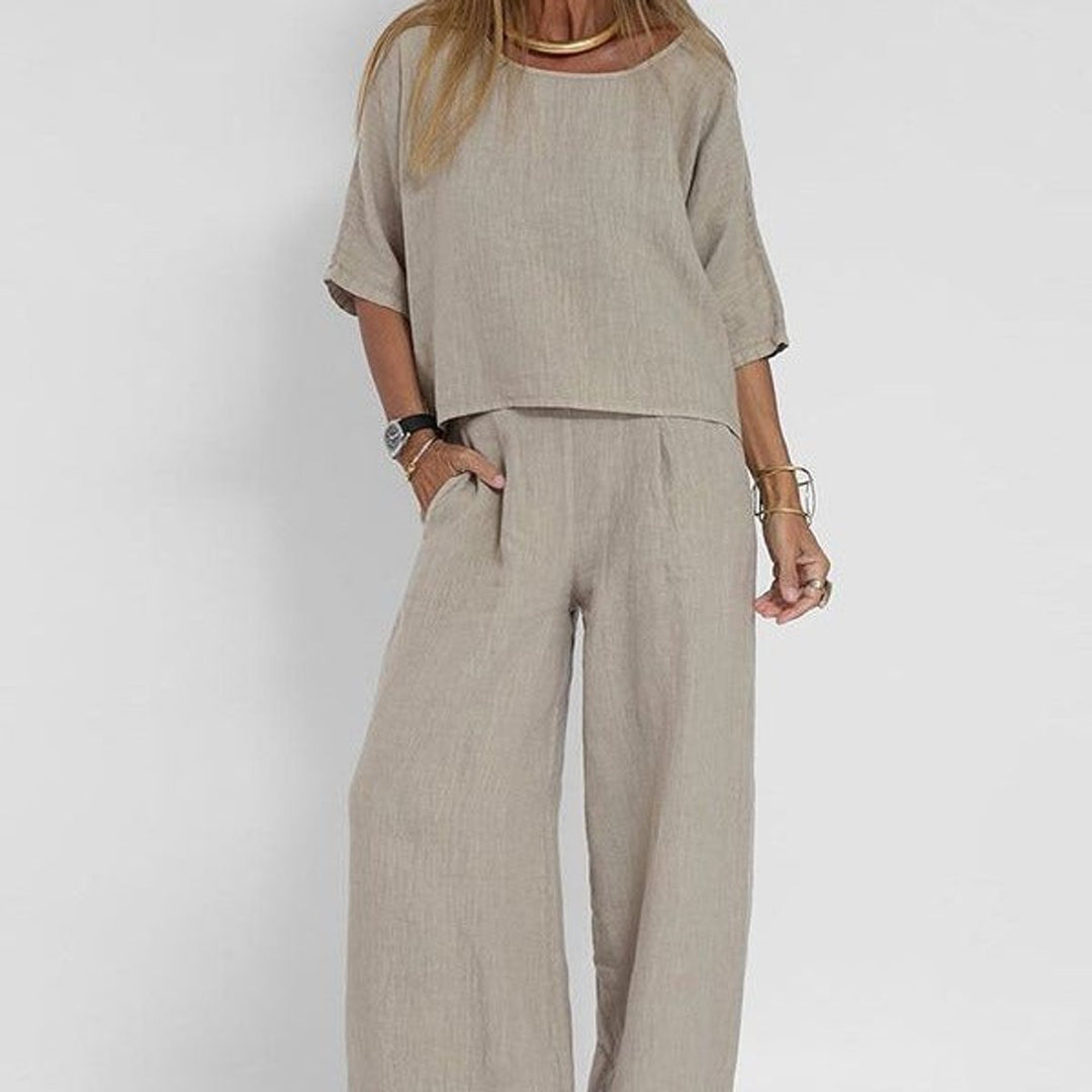 Women's Relaxed-Fit Linen Blouse Wide-Leg Pants Two-Piece Set - Lichtgrijs