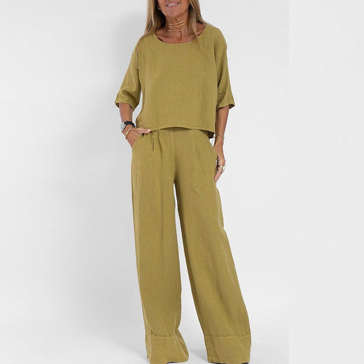Women's Relaxed-Fit Linen Blouse Wide-Leg Pants Two-Piece Set - Geel