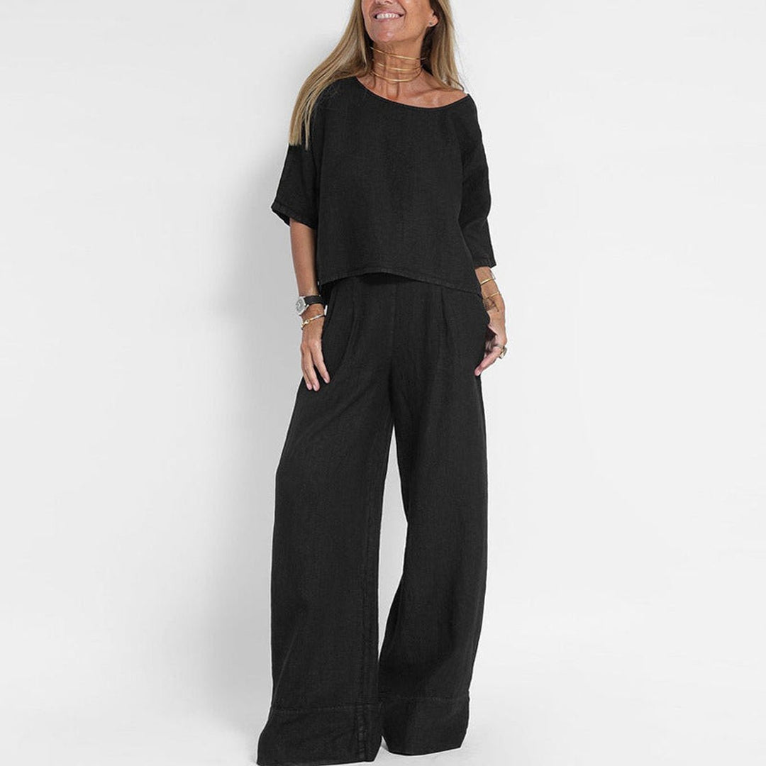 Women's Relaxed-Fit Linen Blouse Wide-Leg Pants Two-Piece Set - Zwart