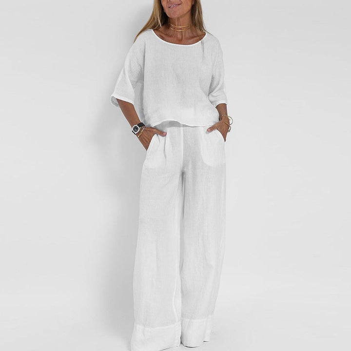 Women's Relaxed-Fit Linen Blouse Wide-Leg Pants Two-Piece Set - Wit