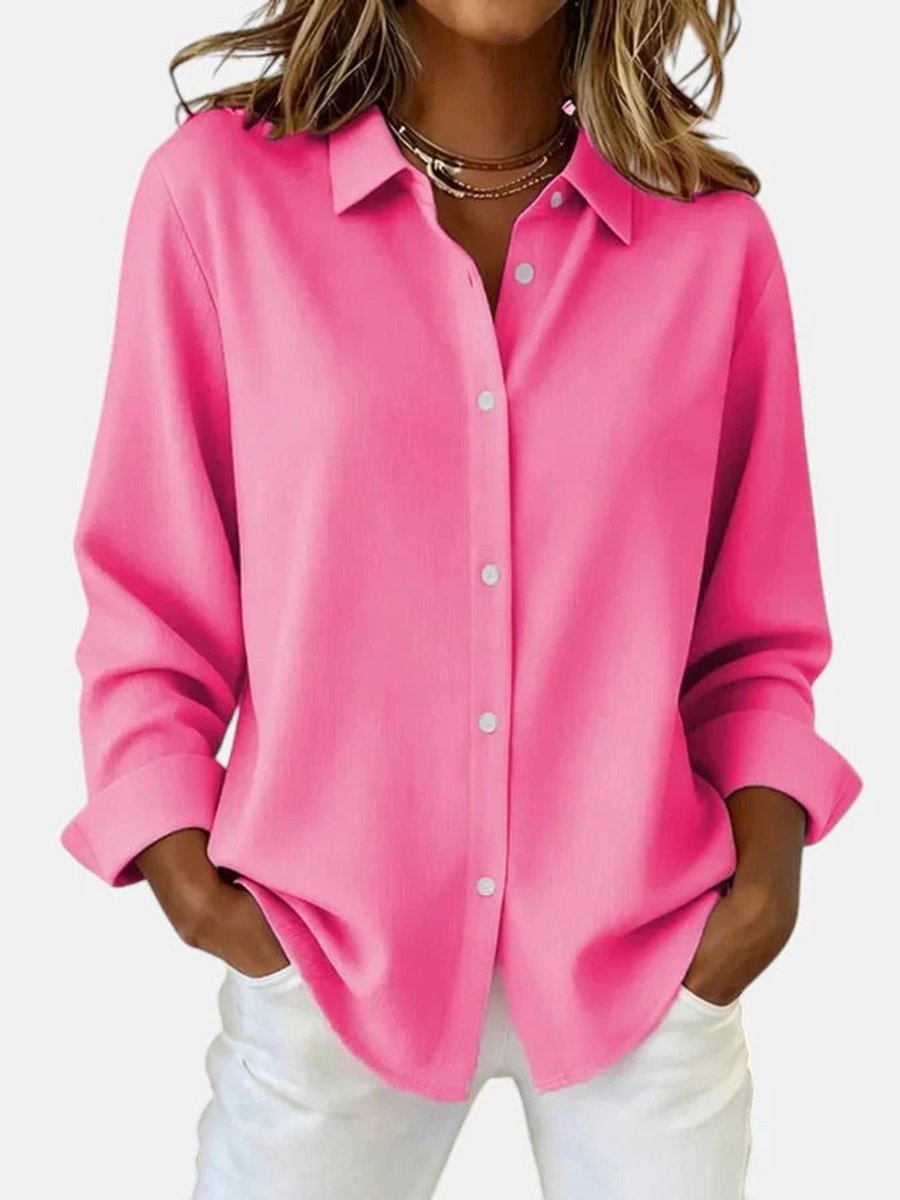 Women's Relaxed-Fit Long-Sleeve Button-Down Collared Blouse - Fuchsia