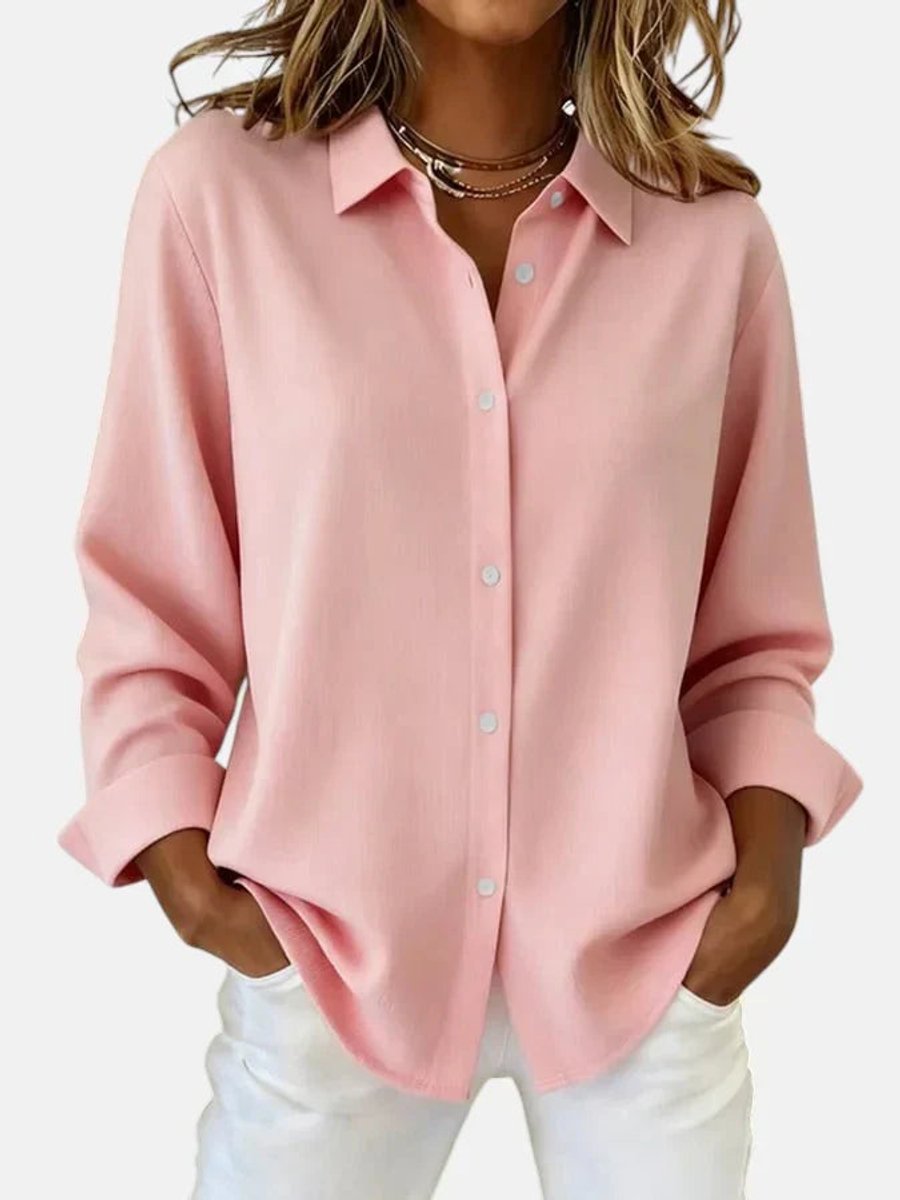 Women's Relaxed-Fit Long-Sleeve Button-Down Collared Blouse - Pink