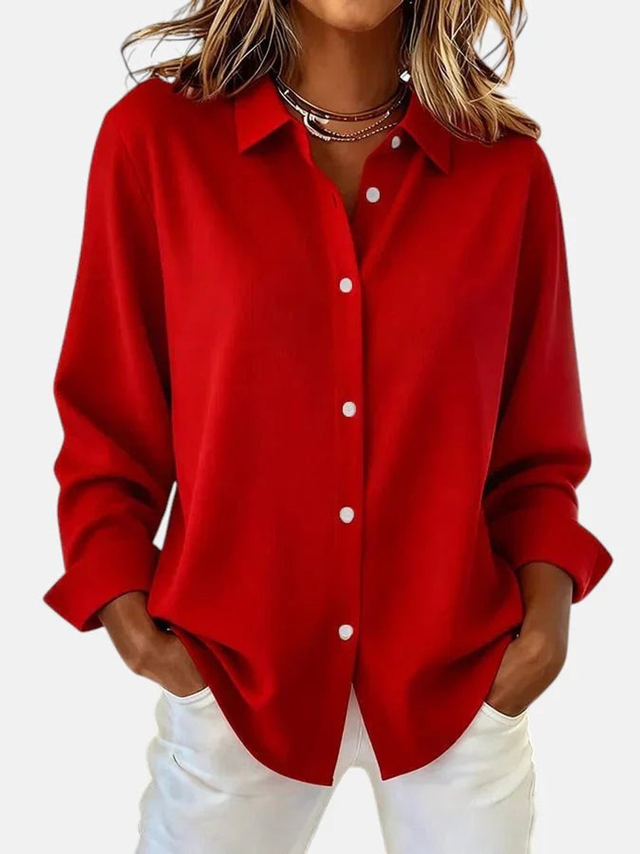 Women's Relaxed-Fit Long-Sleeve Button-Down Collared Blouse - Red