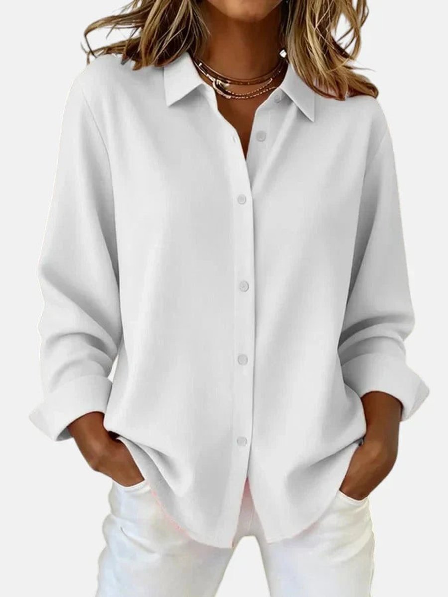 Women's Relaxed-Fit Long-Sleeve Button-Down Collared Blouse - White