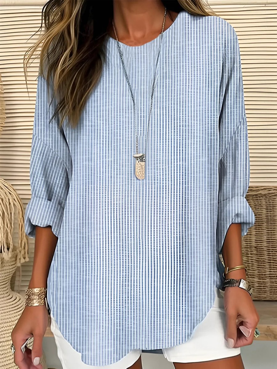 Women's Relaxed-Fit Long-Sleeve Striped Crew-Neck Blouse - Blue
