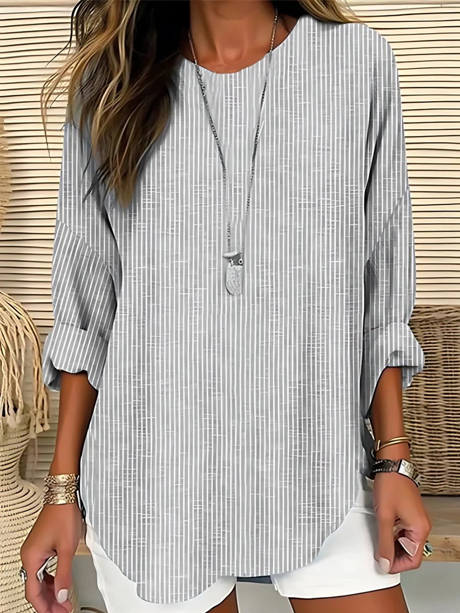 Women's Relaxed-Fit Long-Sleeve Striped Crew-Neck Blouse - Grey