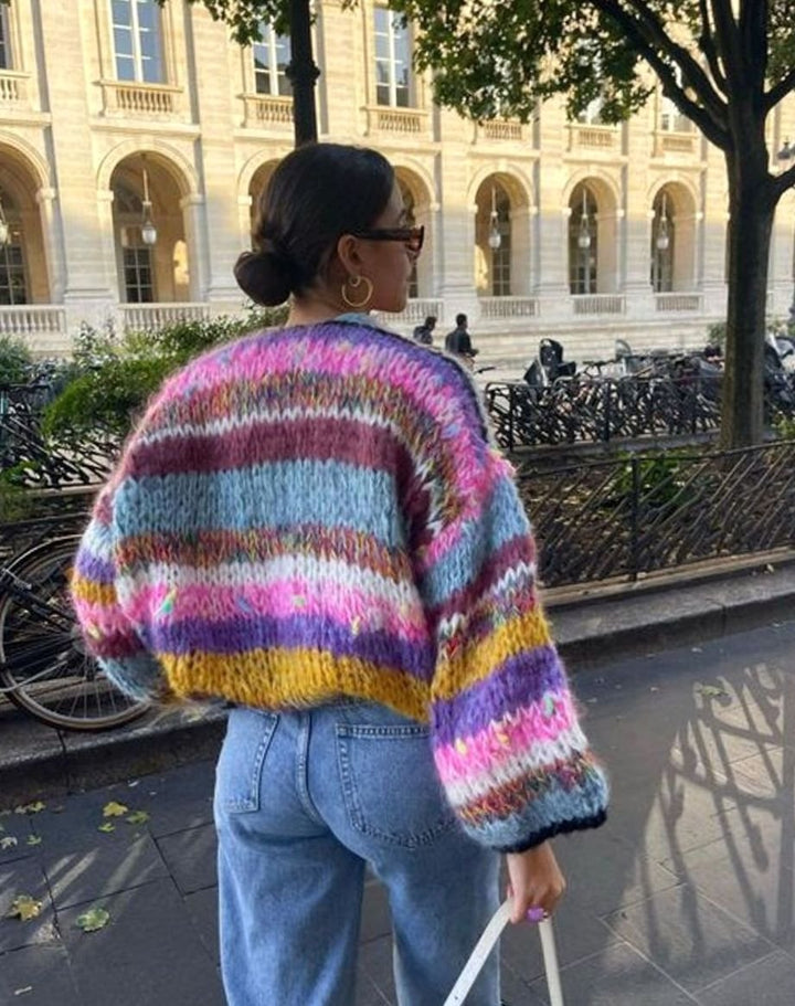 Women's Relaxed-Fit Multicolor Striped Knitted Cardigan Sweater - Purple