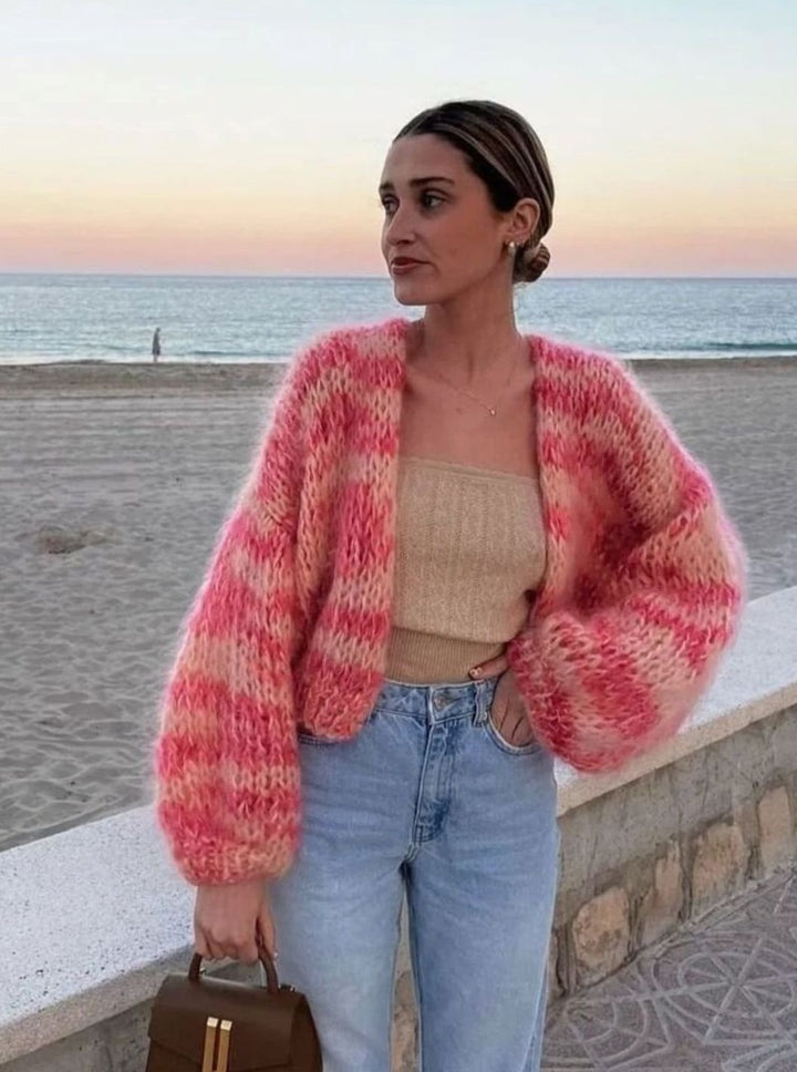 Women's Relaxed-Fit Multicolor Striped Knitted Cardigan Sweater - Pink