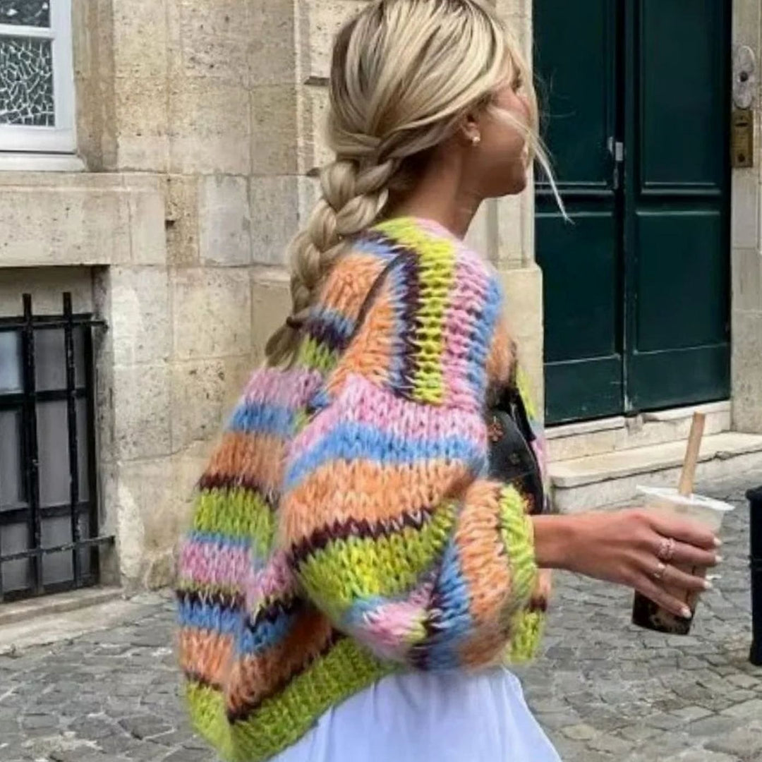 Women's Relaxed-Fit Multicolor Striped Knitted Cardigan Sweater - Green