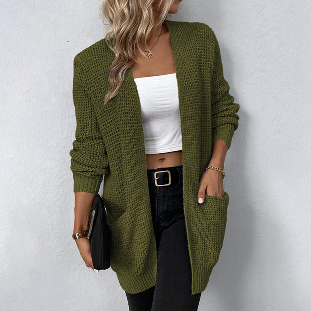 Women's Relaxed-Fit Open-Front Long Pocket Winter Cardigan - Army Green