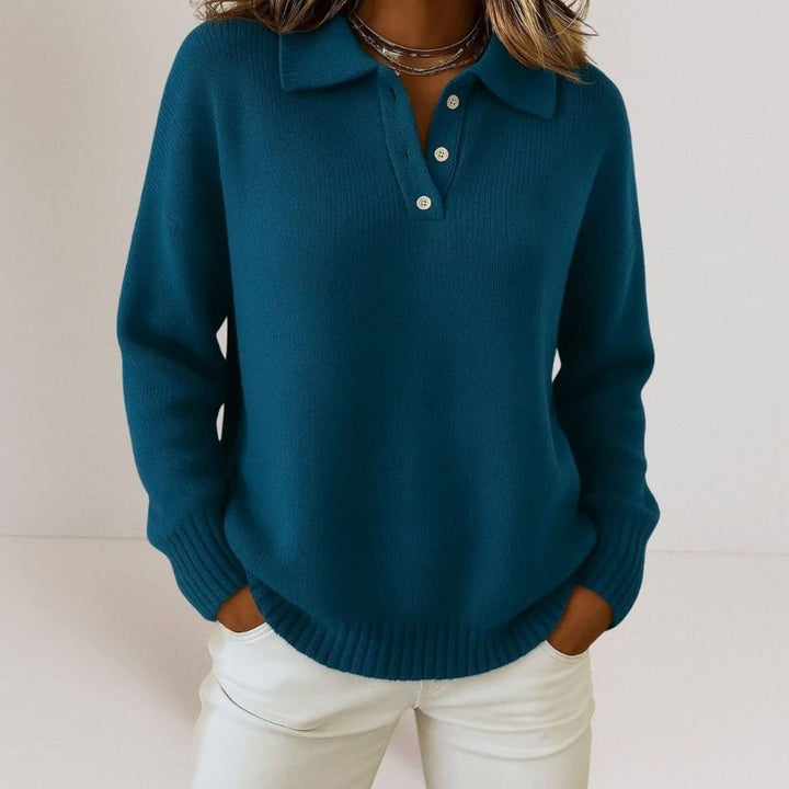 Women's Relaxed-Fit Polo Collar Button-Placket Knit Sweater - Dark Blue