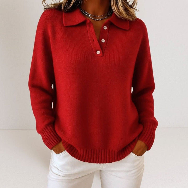 Women's Relaxed-Fit Polo Collar Button-Placket Knit Sweater - Red