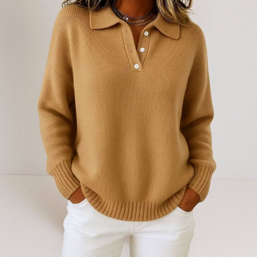 Women's Relaxed-Fit Polo Collar Button-Placket Knit Sweater - Brown