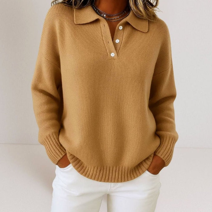 Women's Relaxed-Fit Polo Collar Button-Placket Knit Sweater - Brown