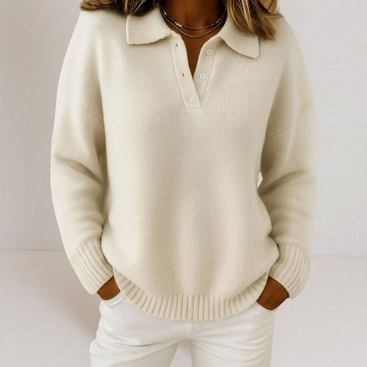Women's Relaxed-Fit Polo Collar Button-Placket Knit Sweater - White