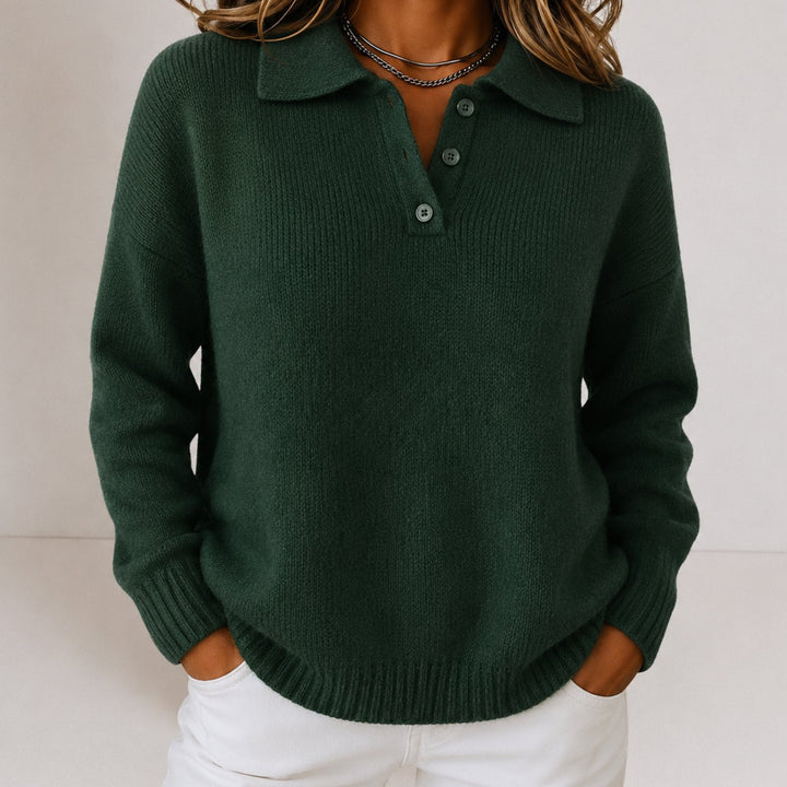 Women's Relaxed-Fit Polo Collar Button-Placket Knit Sweater - Green