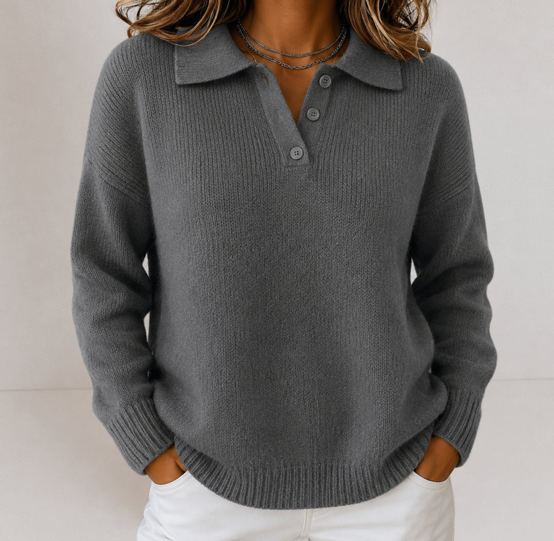 Women's Relaxed-Fit Polo Collar Button-Placket Knit Sweater - Grey