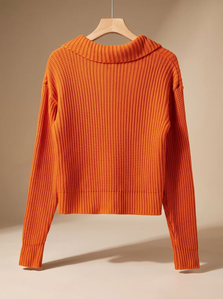 Women's Relaxed-Fit Ribbed Knit Folded Collar Pullover Sweater - Orange-Red