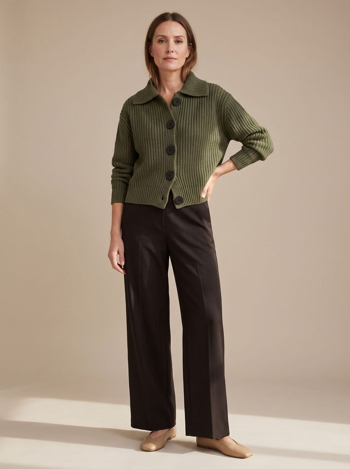 Women's Relaxed-Fit Ribbed Knit Folded Collar Pullover Sweater - Fern Green
