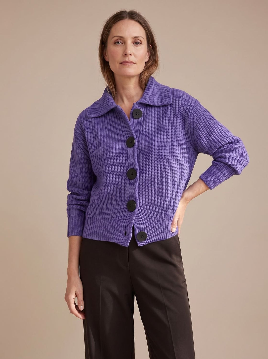 Women's Relaxed-Fit Ribbed Knit Folded Collar Pullover Sweater - Purple