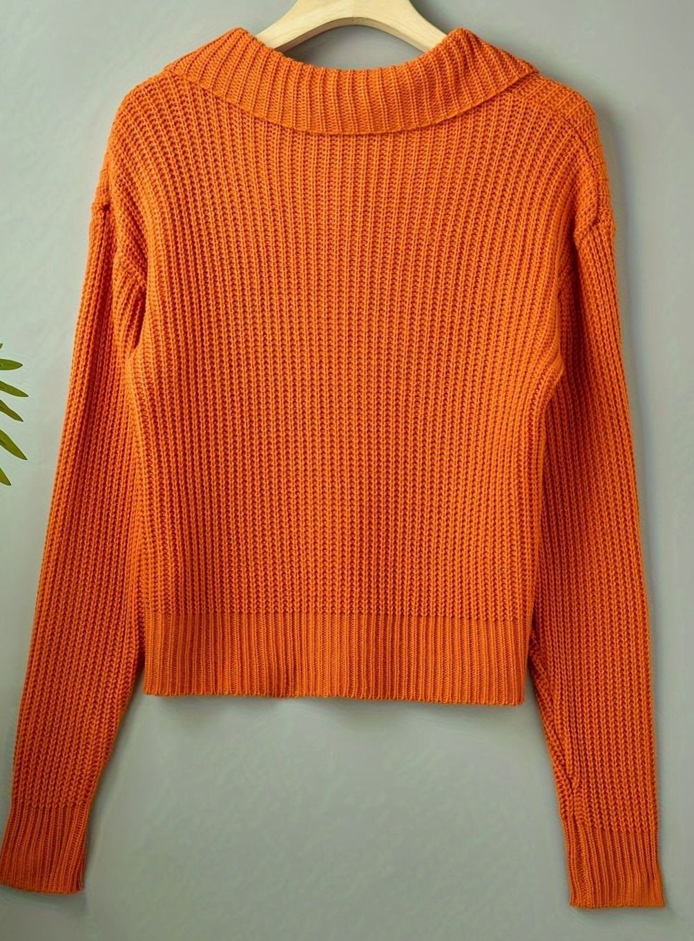Women's Relaxed-Fit Ribbed Knit Sweater Folded Collar Pullover - Orange-Red